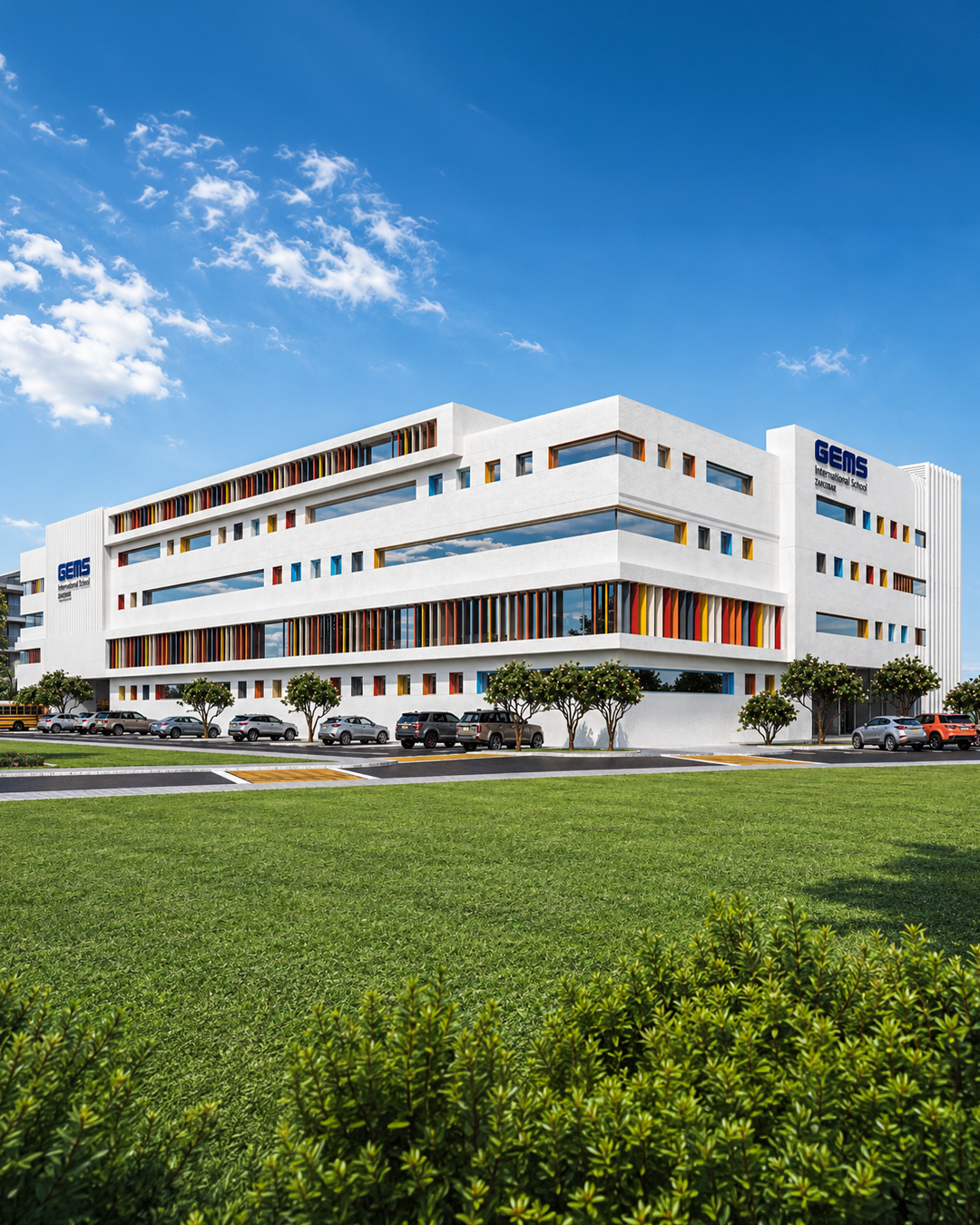 GEMS International School Zanzibar — front facade with colourful window mullions