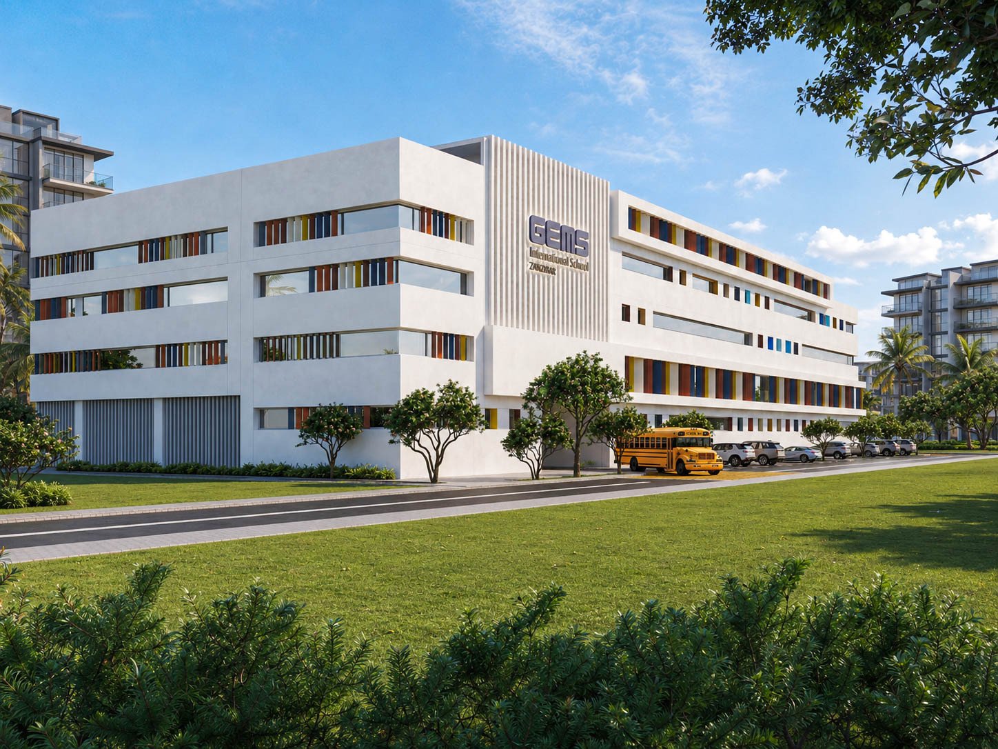 GEMS International School Zanzibar — angled exterior view of the campus facade