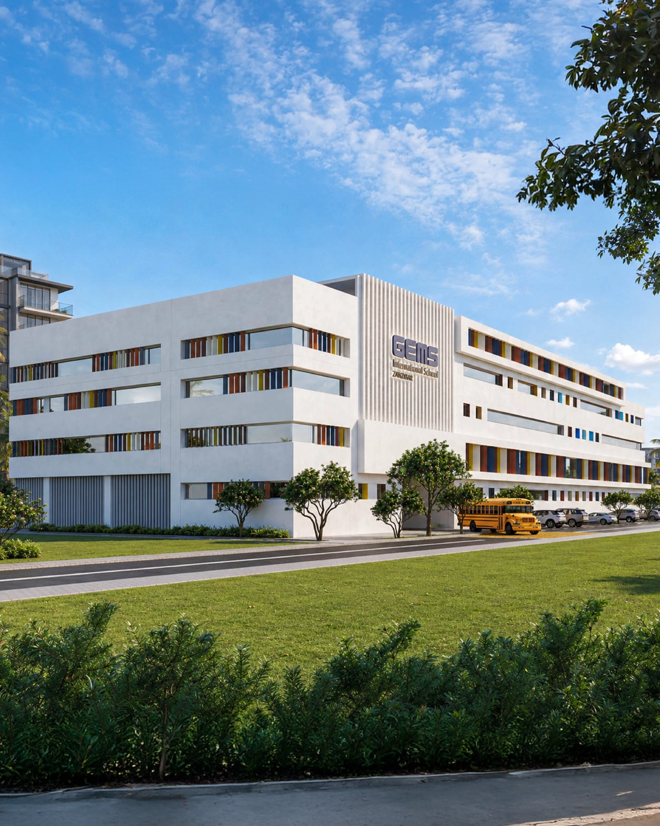 GEMS International School Zanzibar — campus building with school bus arriving