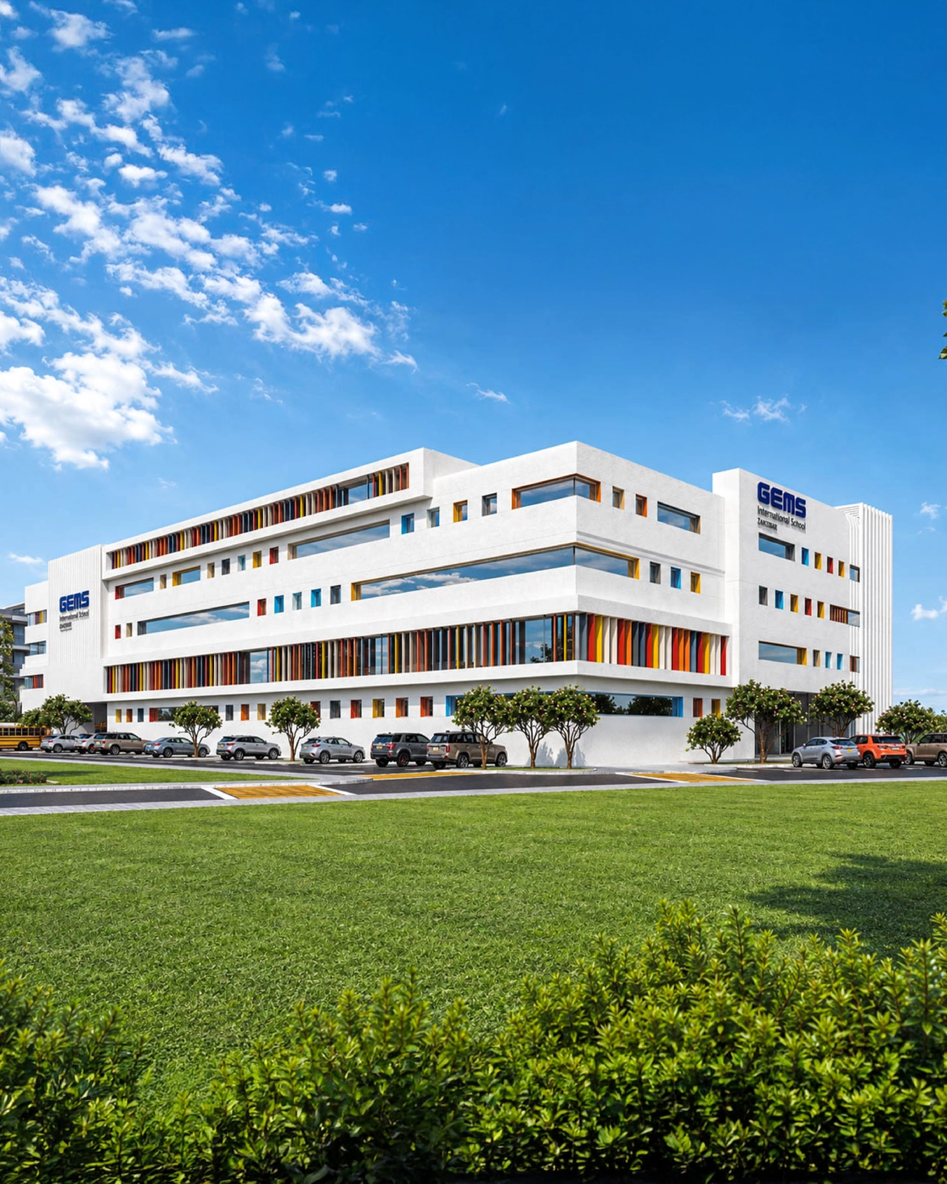 GEMS International School Zanzibar — corner view of the campus with parking and lawn